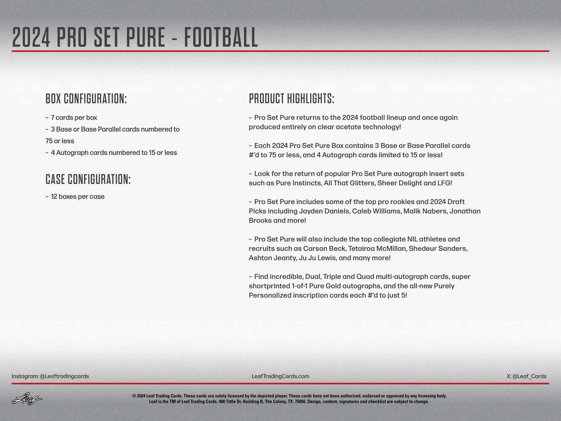 2024 Leaf Pro Set Pure Football Hobby Box - Image 6